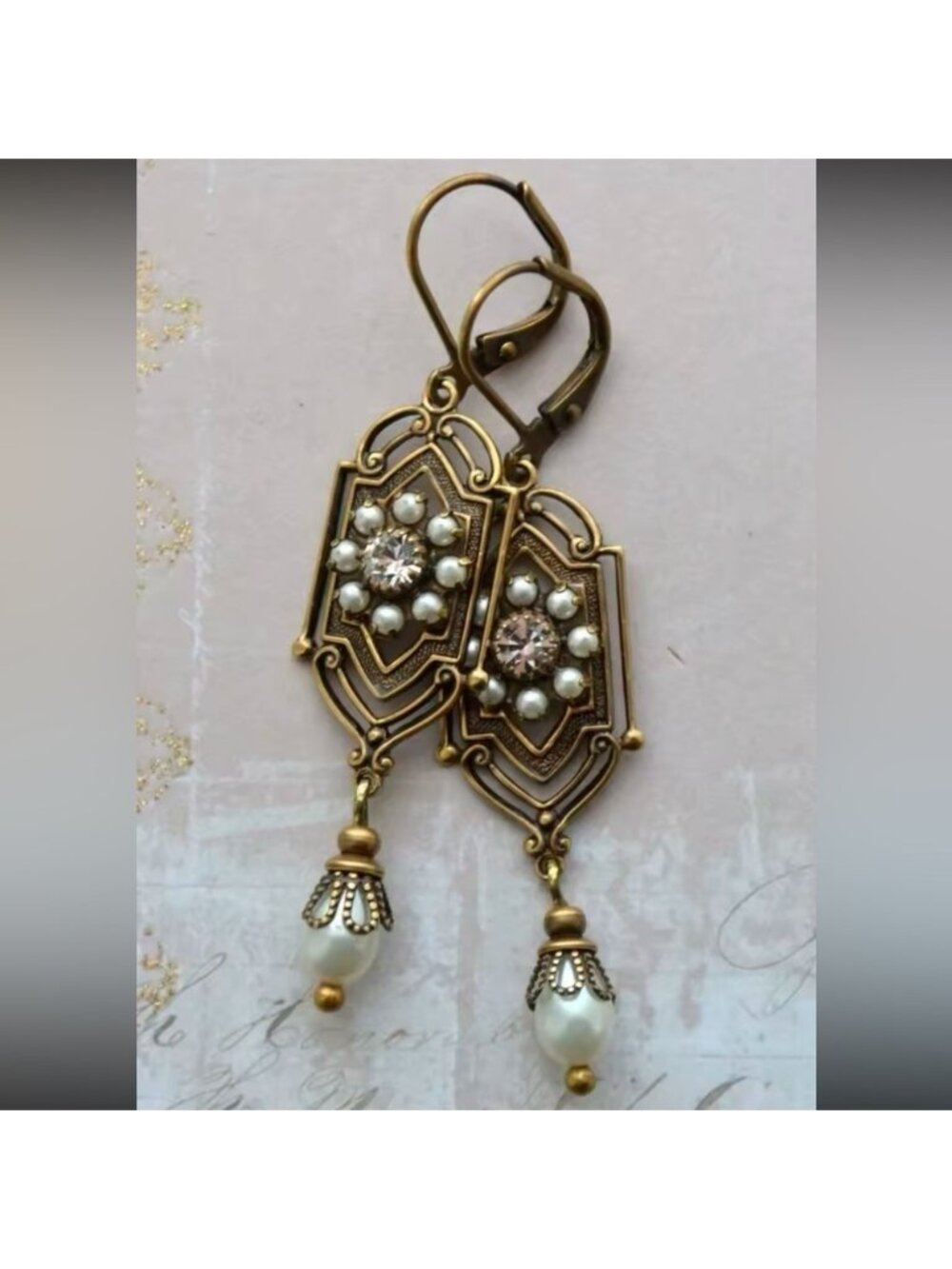 Marquis Ethnic Vintage Pearl Bronze Brushed Earrings